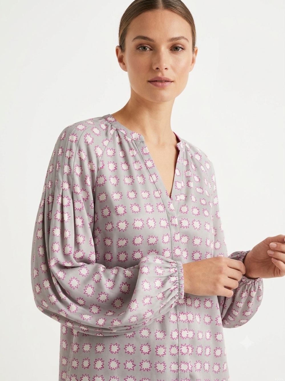 Boden Harriet Starburst Blouse Top US 16 UK 20 Grey Pink V-Neck Long Sleeve
